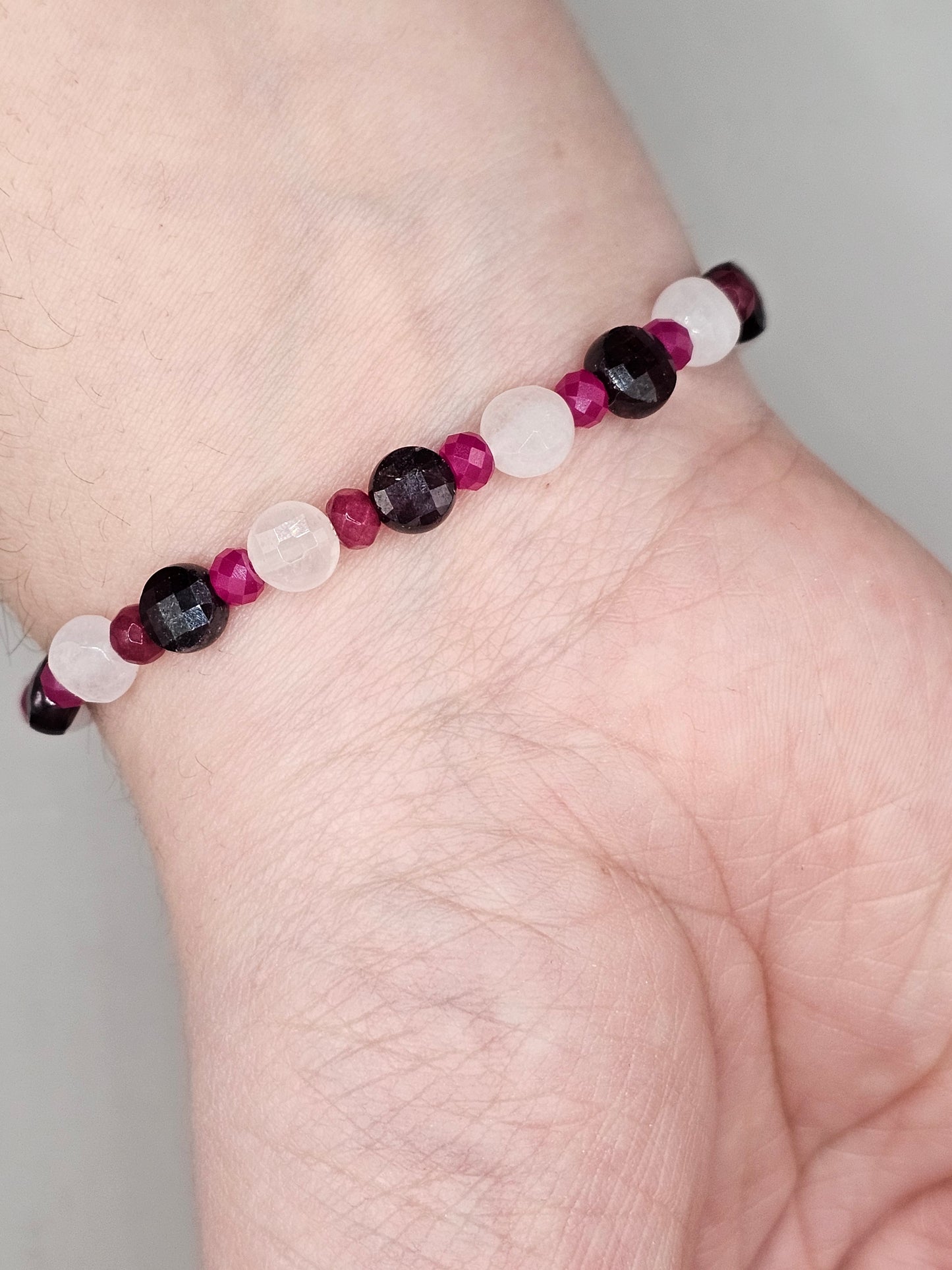 Heart Fire Garnet, Ruby, Rose Quartz, Quartz, and Moonstone crystal bracelet
