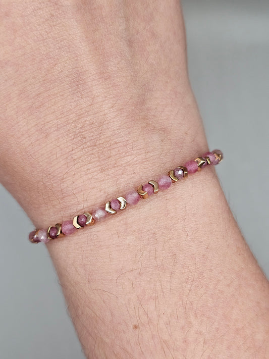 Handcrafted Pink Tourmaline Bracelet with Hematite and Brass Findings - Unique Healing Jewelry