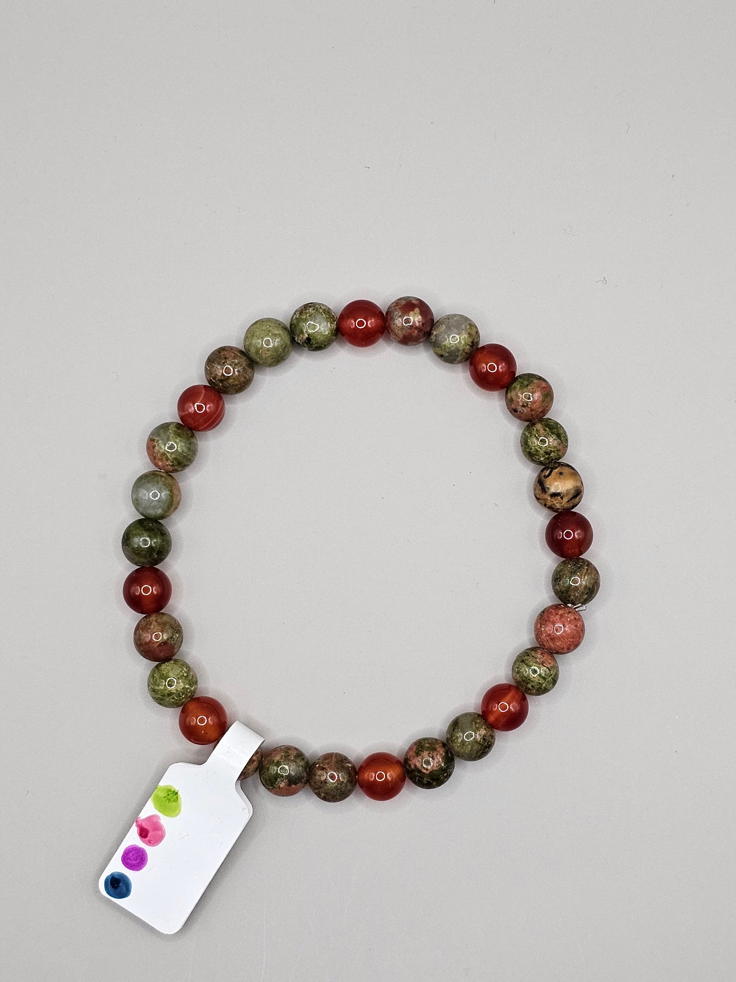 Flower Agate, Dyed Fire Agate, & Chinese Unakite Bracelet