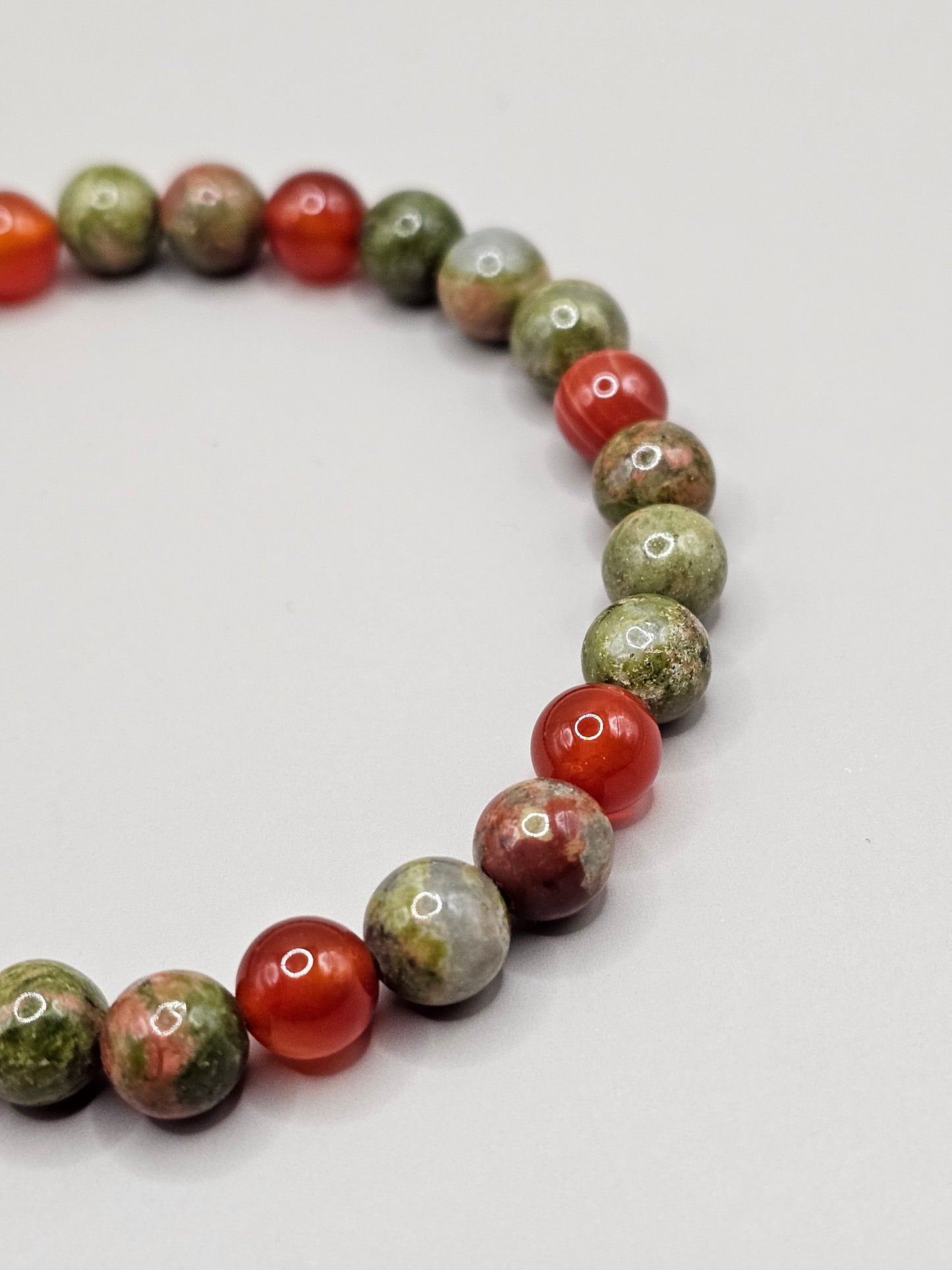 Flower Agate, Dyed Fire Agate, & Chinese Unakite Bracelet