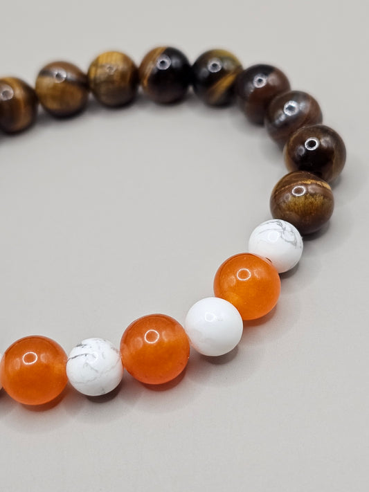 Brown & Orange Game Day Bracelet- Orange Chalcedony, Howlite, & Tiger's Eye