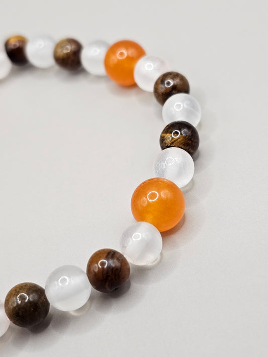 Brown & Orange Game Day Bracelet- Clear Quartz, Orange Quartz, & Tiger's Eye