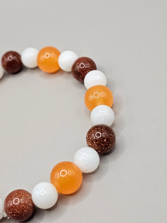 Brown and Orange Game Day Bracelet- Goldstone/Shell/Howlite/Moonstone/Orange Chalcedony