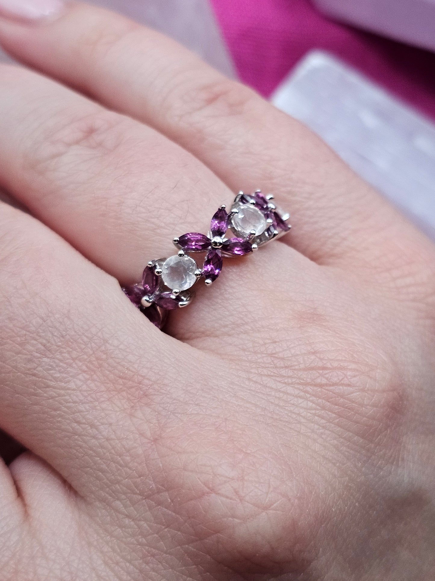 Xs and Os Rhodolite Garnet and Rose Quartz Sterling Silver Ring