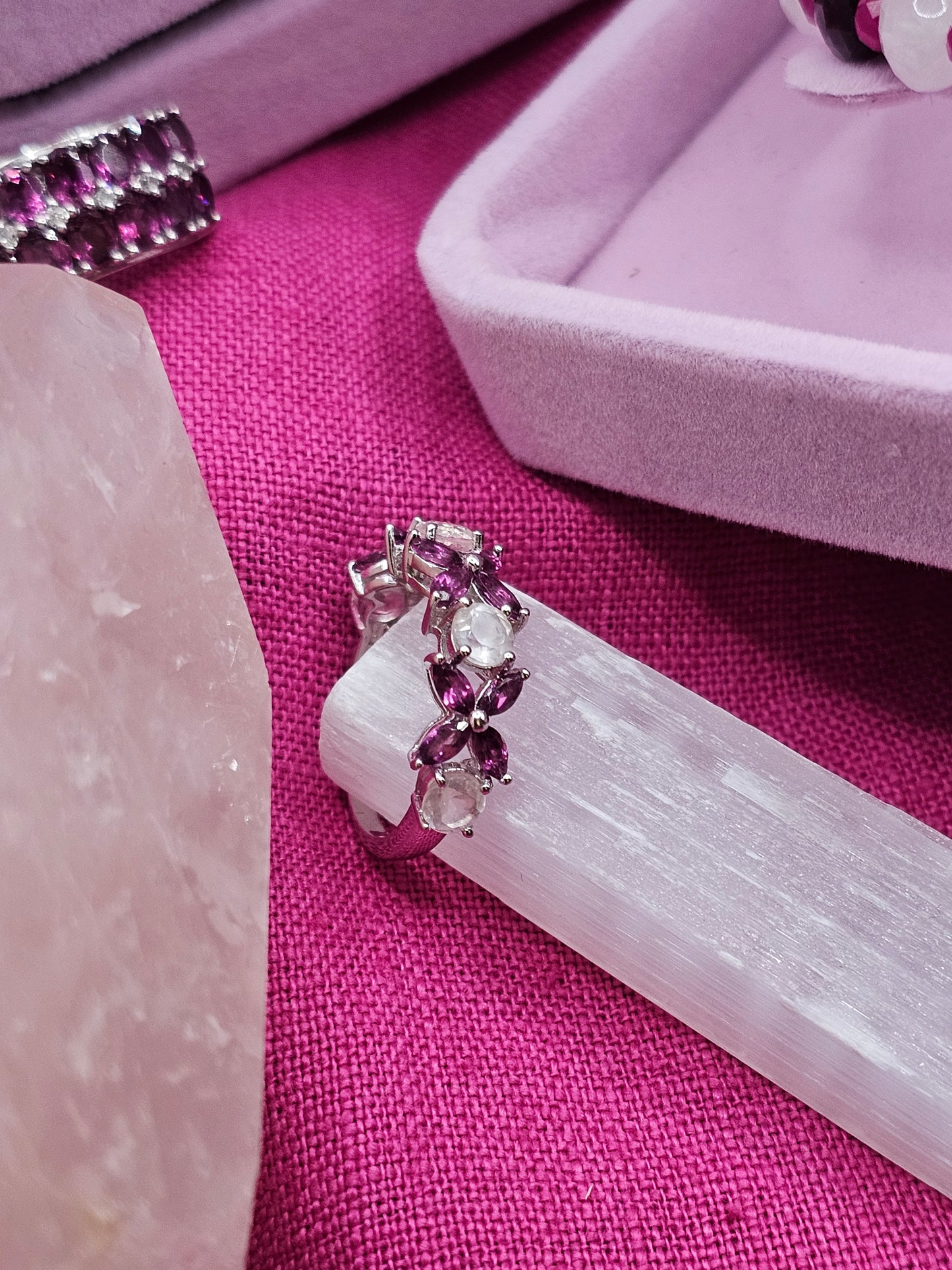 Xs and Os Rhodolite Garnet and Rose Quartz Sterling Silver Ring