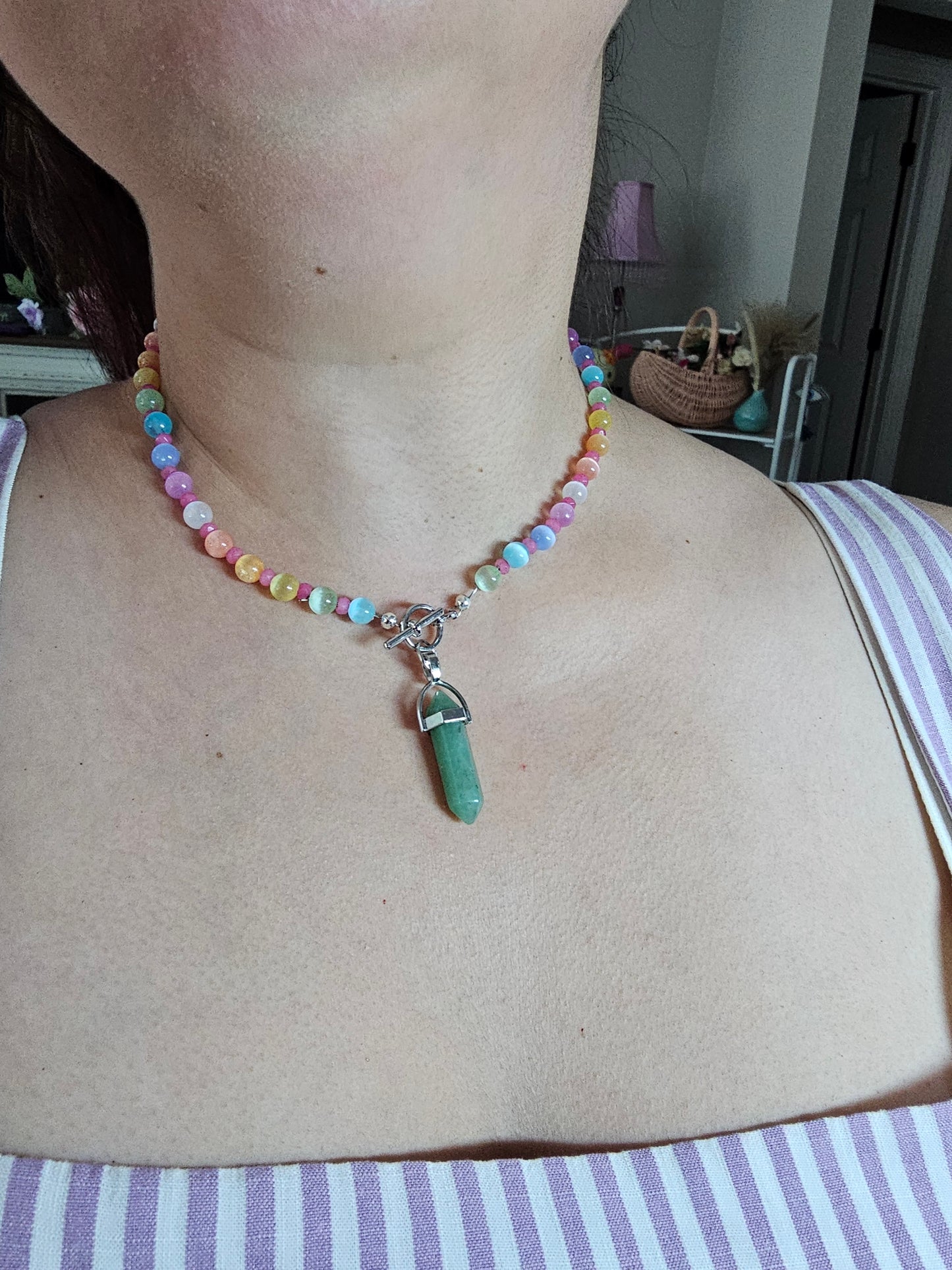 Manifestation Crystal necklace with Selenite, Quartz, and Green Aventurine