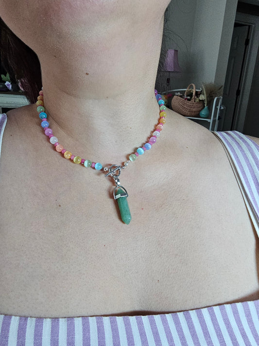 Manifestation Crystal necklace with Selenite, Quartz, and Green Aventurine