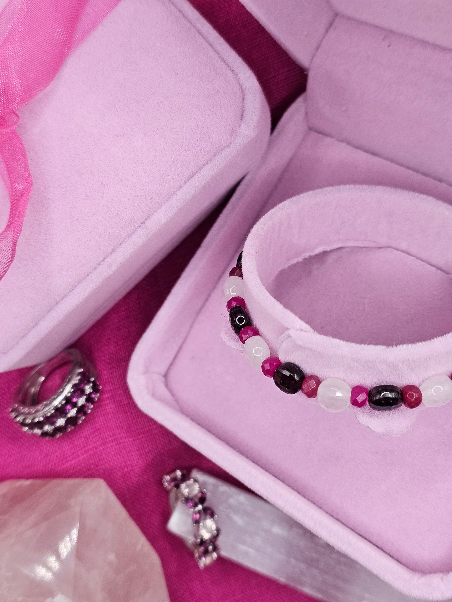 Heart Fire Garnet, Ruby, Rose Quartz, Quartz, and Moonstone crystal bracelet