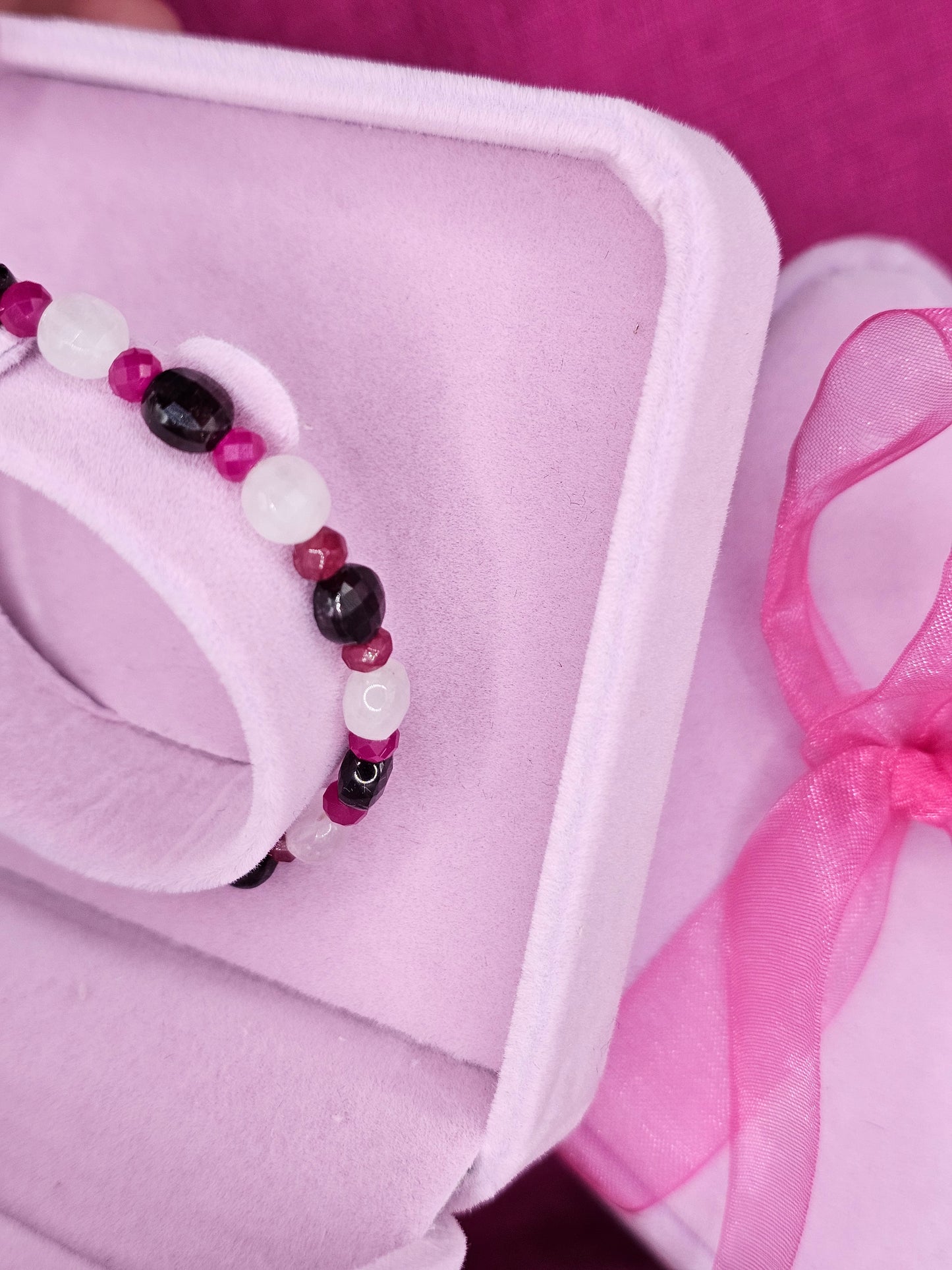 Heart Fire Garnet, Ruby, Rose Quartz, Quartz, and Moonstone crystal bracelet