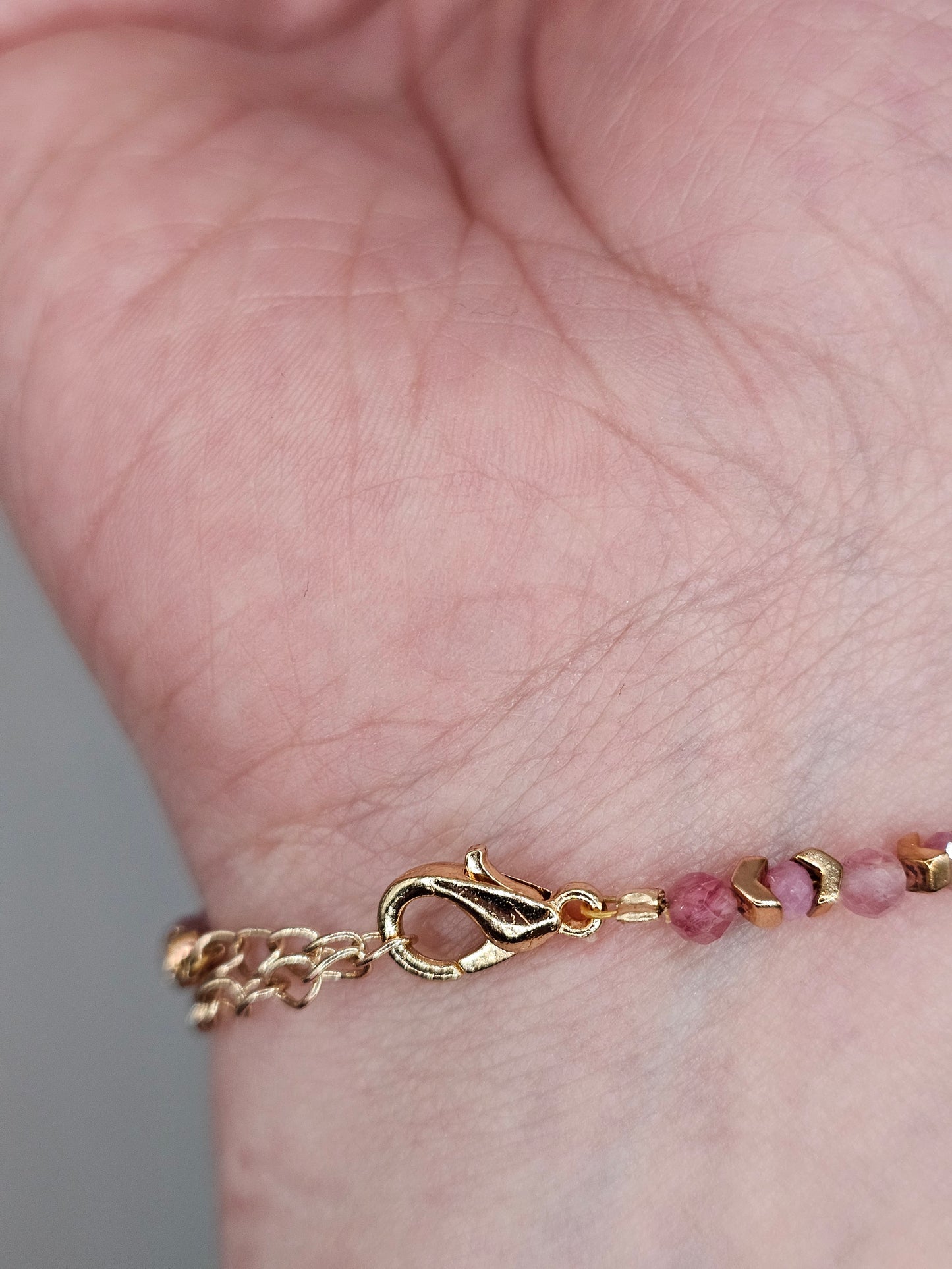 Handcrafted Pink Tourmaline Bracelet with Hematite and Brass Findings - Unique Healing Jewelry