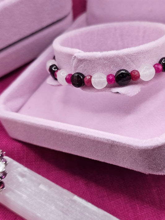 Heart Fire Garnet, Ruby, Rose Quartz, Quartz, and Moonstone crystal bracelet